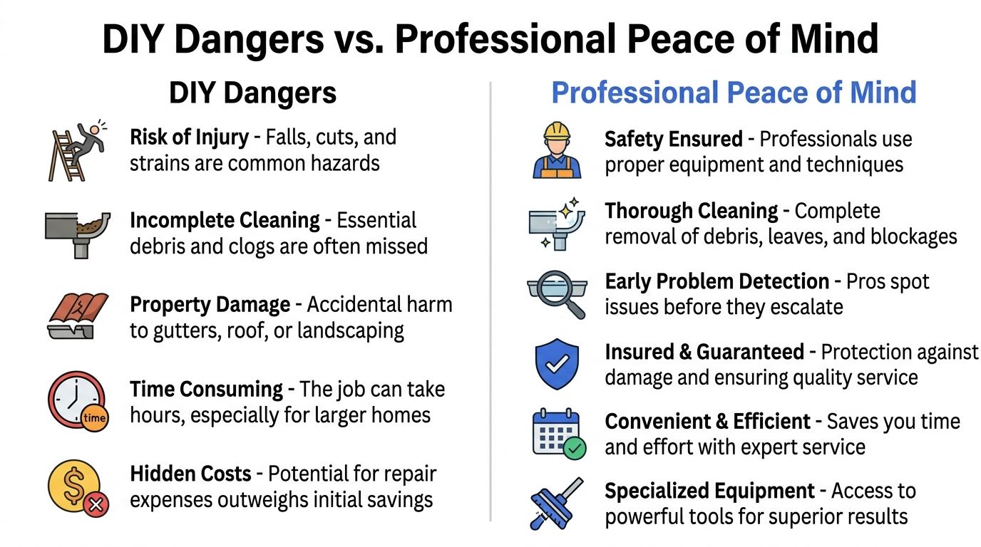 A comparison chart highlighting the risks of DIY gutter cleaning versus the benefits of professional services.