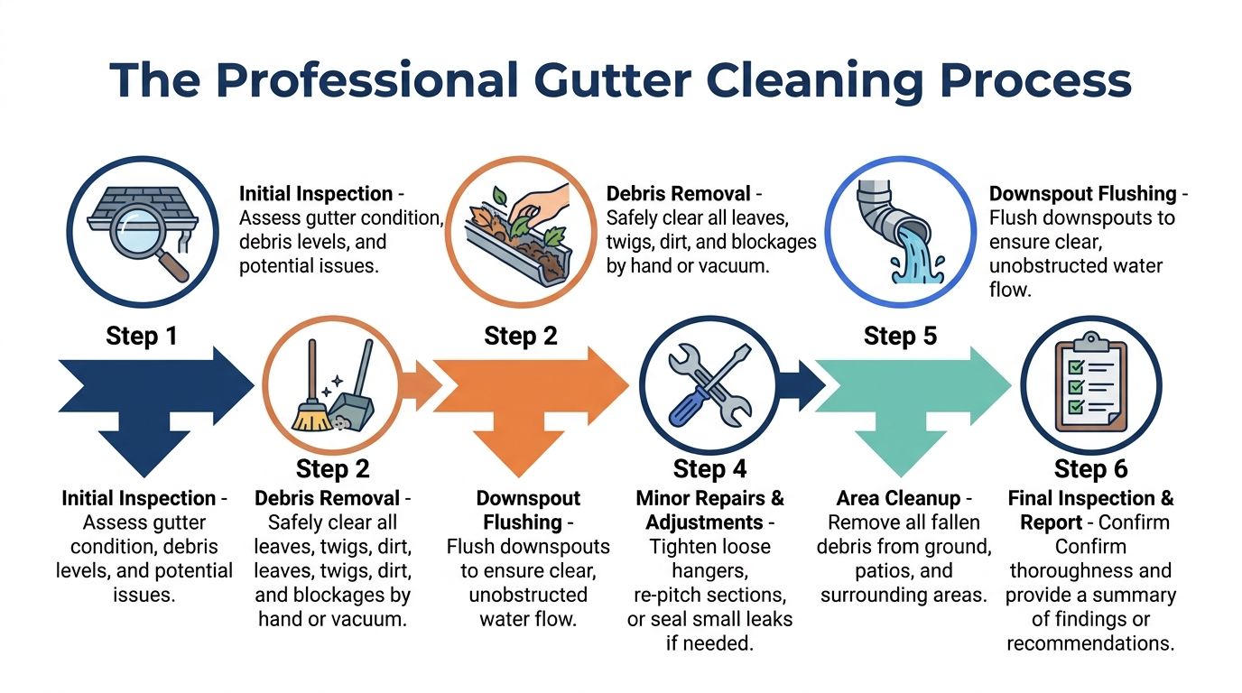 An infographic illustrating the six steps involved in a professional gutter cleaning service process for homes.
