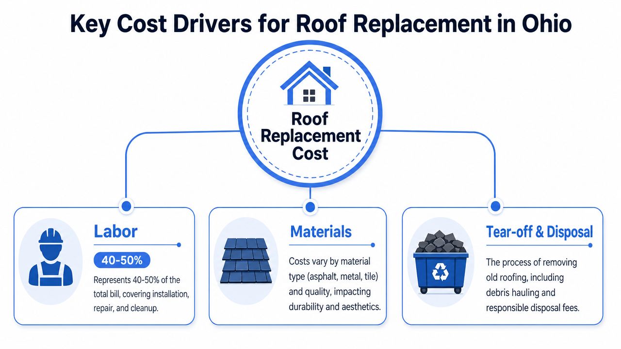 A diagram illustrating the three key cost drivers for roof replacement in Ohio: labor, materials, and disposal.