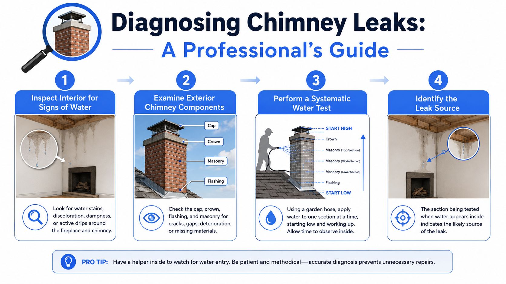 A professional guide illustrating four systematic steps to diagnose chimney leaks using inspection and water testing methods.