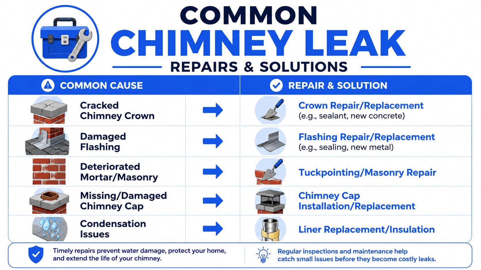 An infographic showing common causes of chimney leaks and their corresponding professional repair and maintenance solutions.