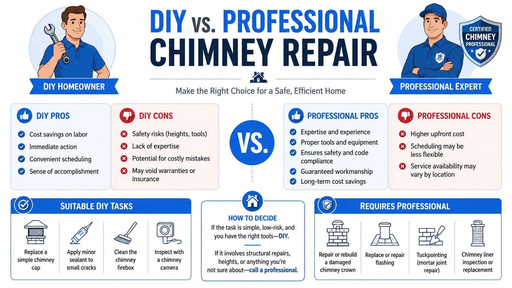 An infographic comparing the pros and cons of DIY chimney repair versus hiring a professional service expert.