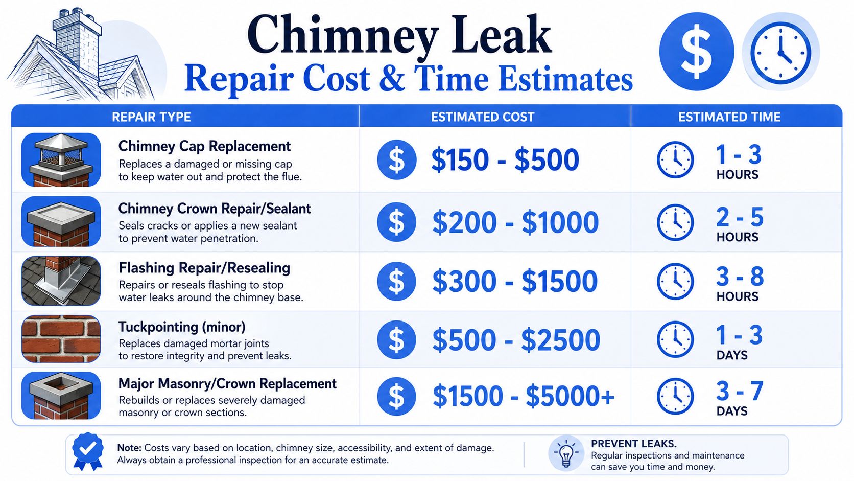 A chart showing estimated costs and time for various types of chimney leak repairs.