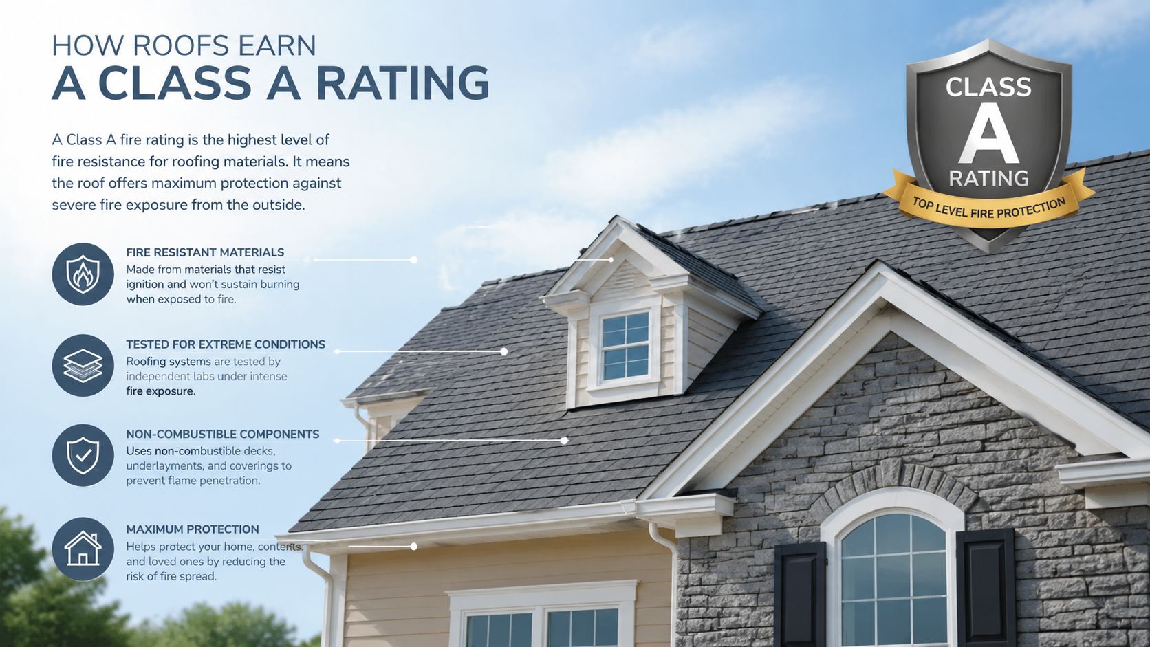An infographic explaining how residential roofs earn a Class A fire rating for maximum protection.
