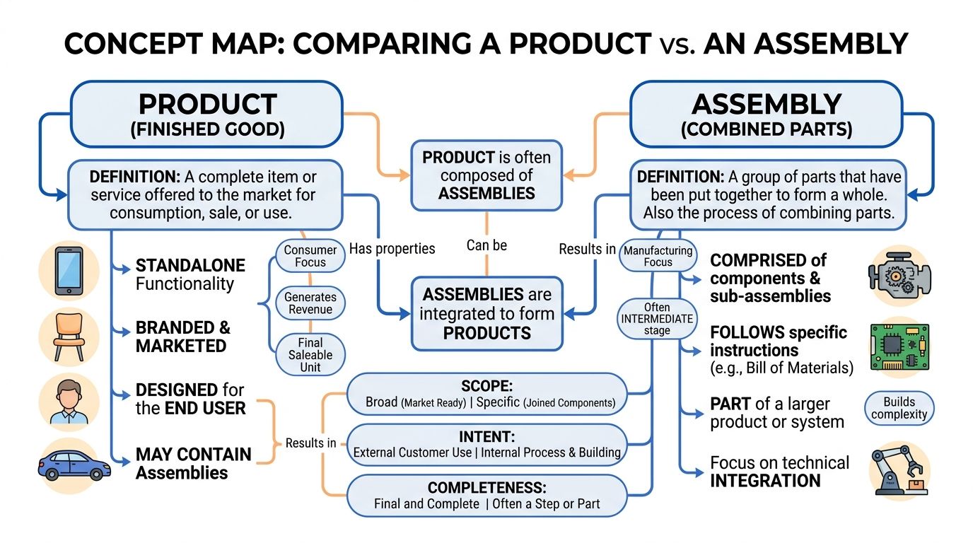 A concept map comparing the differences and relationships between a finished product and a manufacturing assembly.