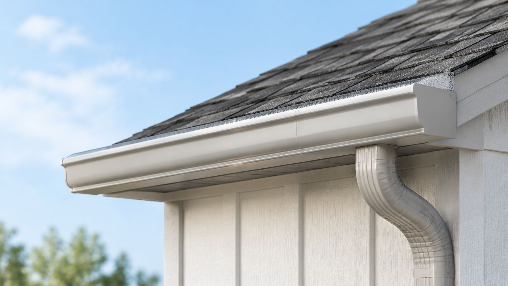 A close-up view of a clean white rain gutter and downspout on the side of a home.