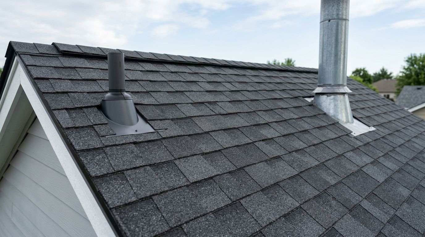 A close-up view of a shingled residential roof featuring a metal chimney and a plumbing vent pipe.