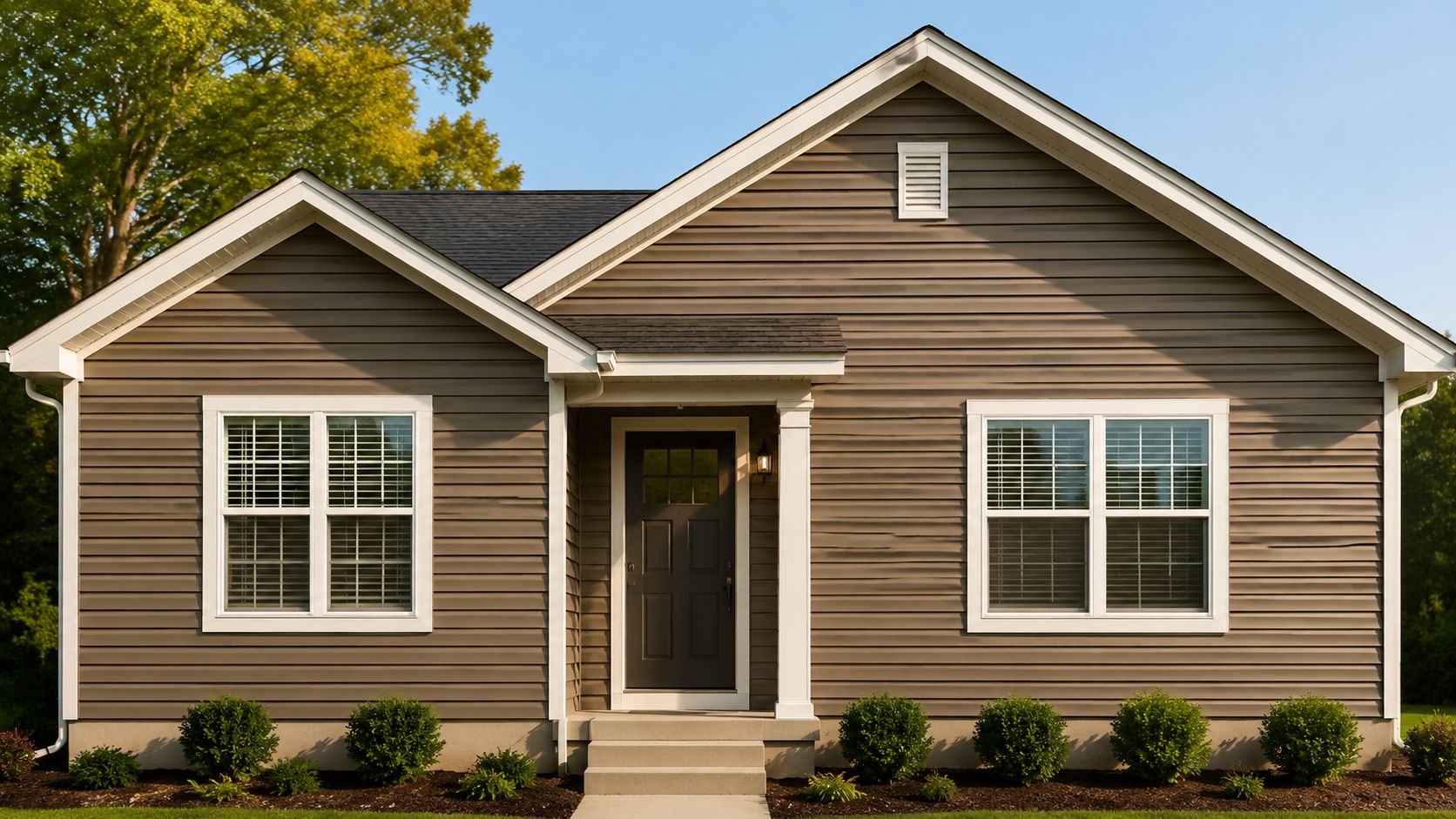 A modern single-story house with dark brown horizontal siding and white trim in a suburban neighborhood.
