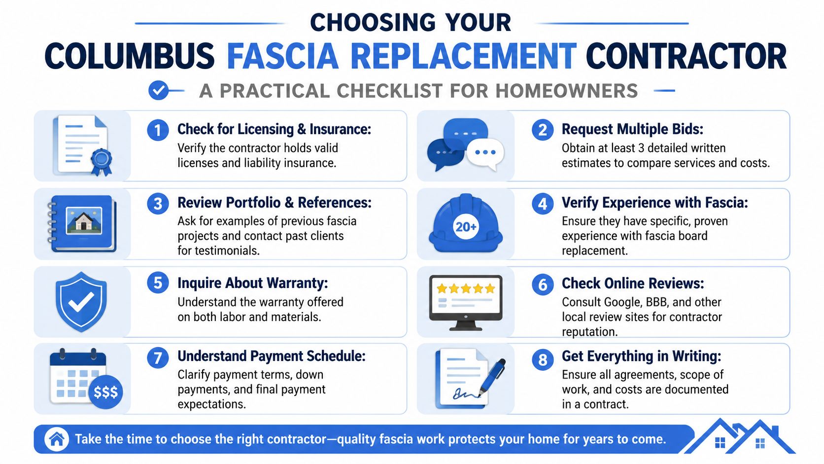 An infographic checklist for homeowners on how to choose a professional fascia replacement contractor in Columbus.