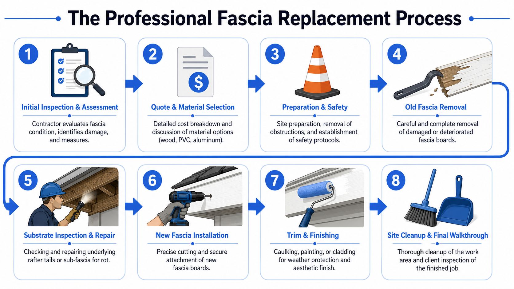An infographic detailing the eight steps of the professional fascia board replacement process for residential houses.