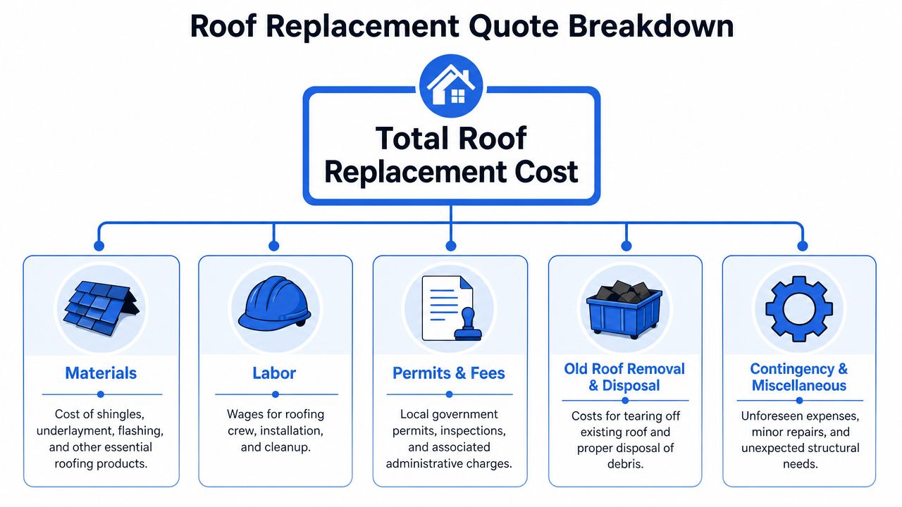 An infographic showing the five main cost components involved in a professional home roof replacement project.