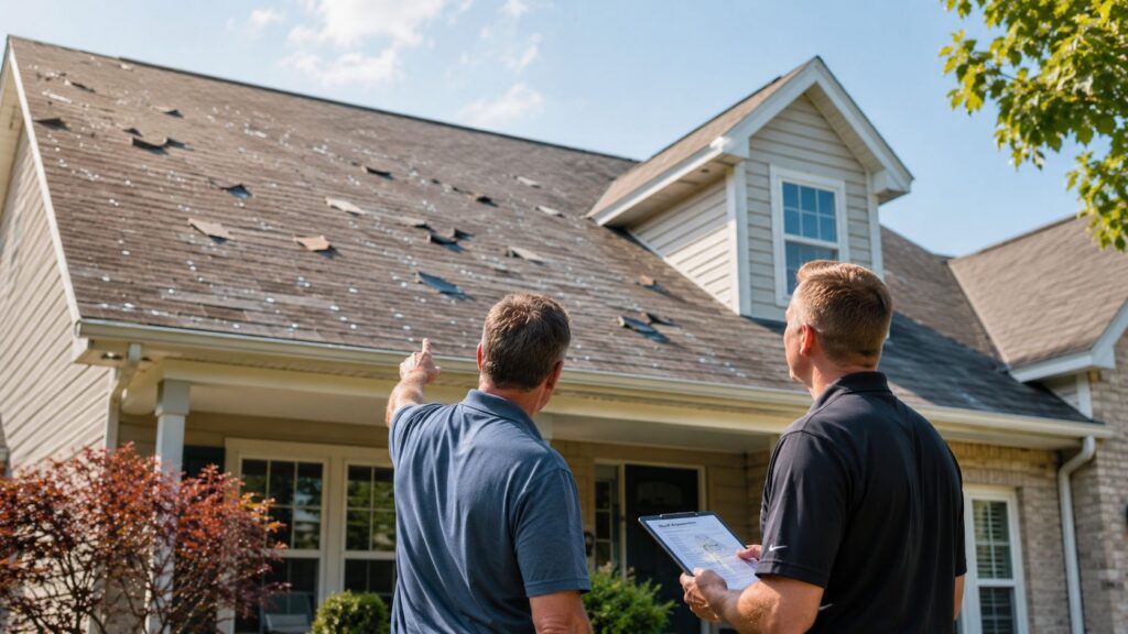 inspecting roof repairs on this home in Gahanna, Ohio