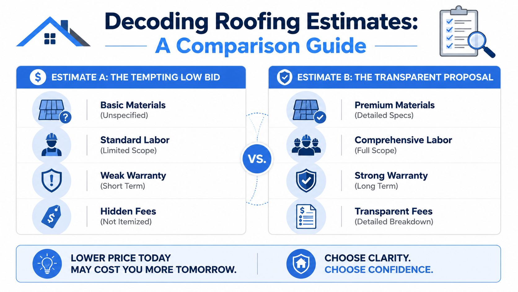 A comparison guide for choosing a roofing contractor, contrasting cheap estimates with transparent, quality-focused proposals.