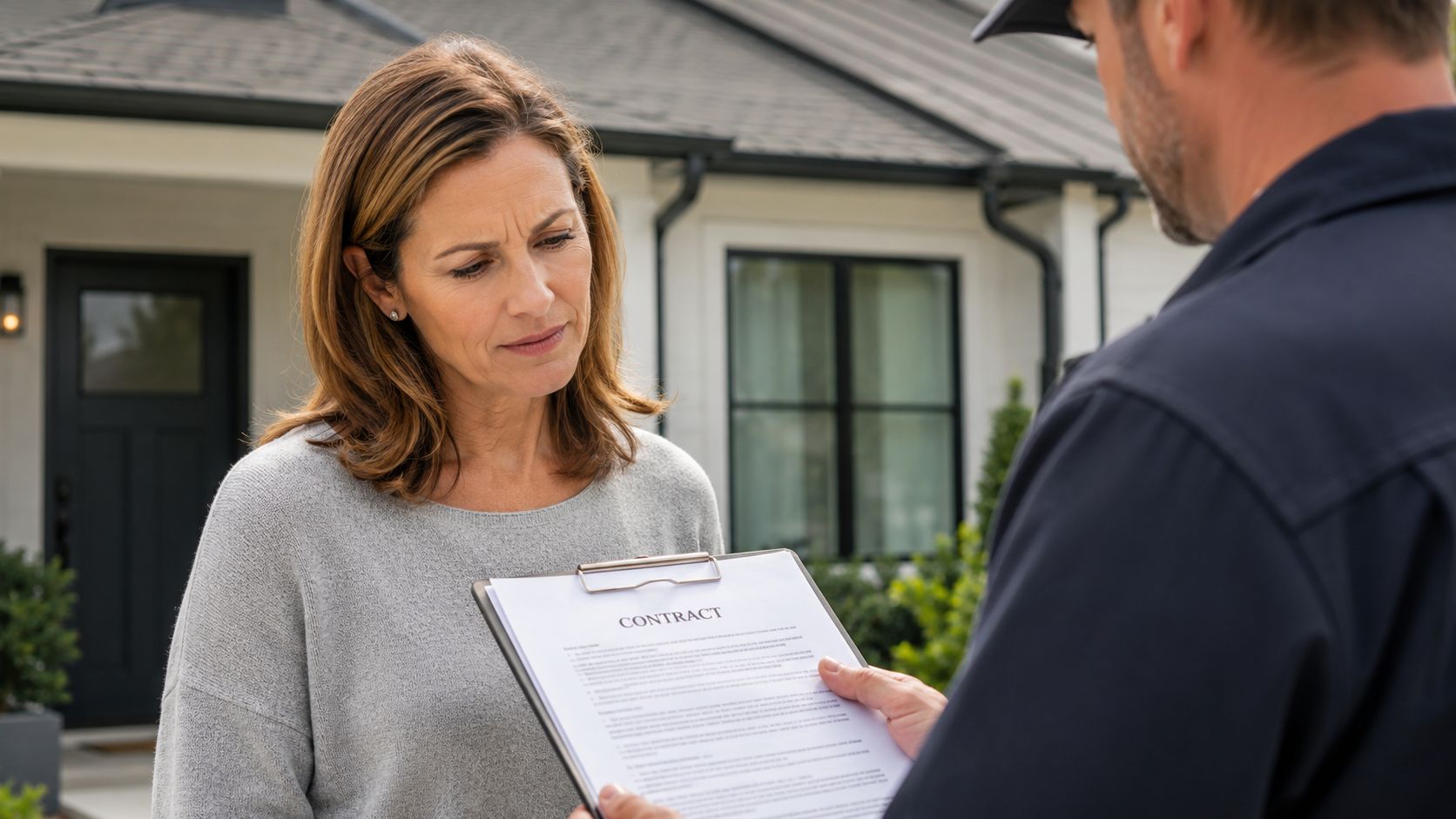 A woman reviewing a service contract presented by a professional in front of her home