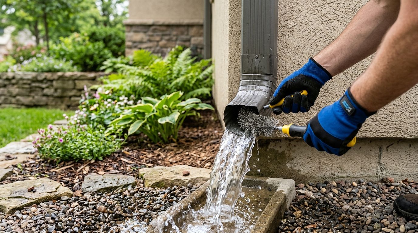 A person using a specialized brush to clean debris out of a residential downspout at ground level.