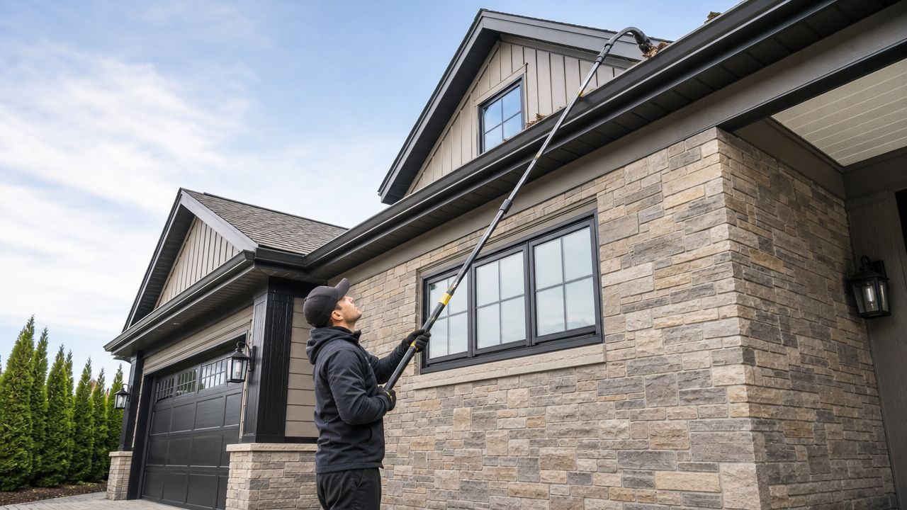 A man uses a long extendable pole tool to clean leaves and debris from residential house gutters.