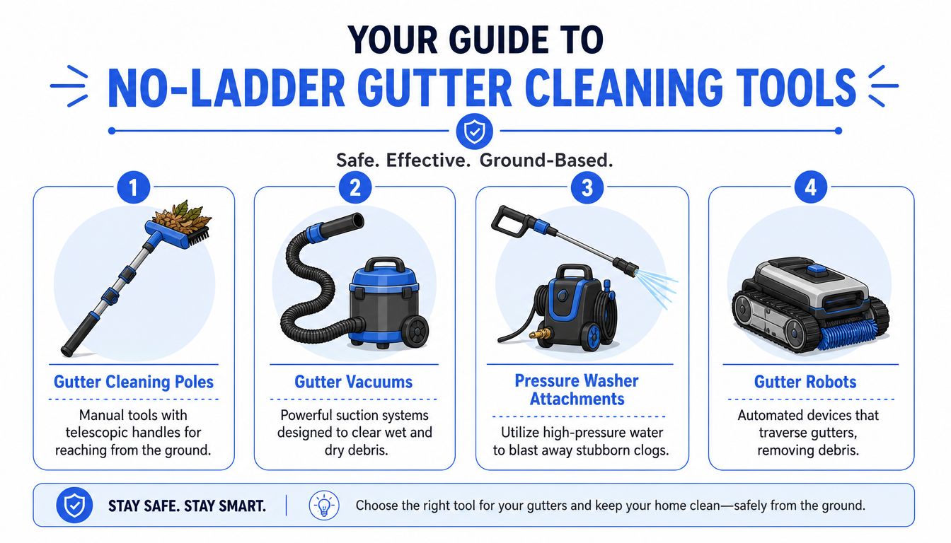 An infographic showing four different types of gutter cleaning tools that can be used from the ground.
