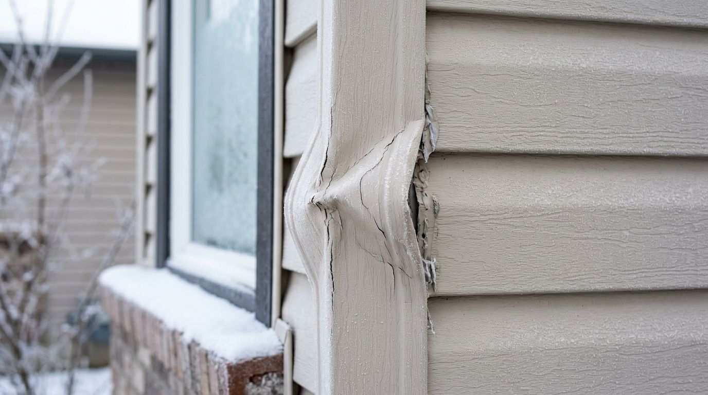 Close-up of damaged vinyl siding corner trim on a house exterior during winter, showing cracked material.