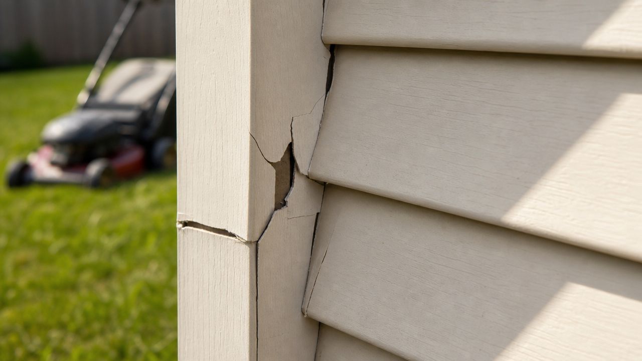 A close-up view of damaged beige vinyl siding on a building corner with a lawnmower in background.