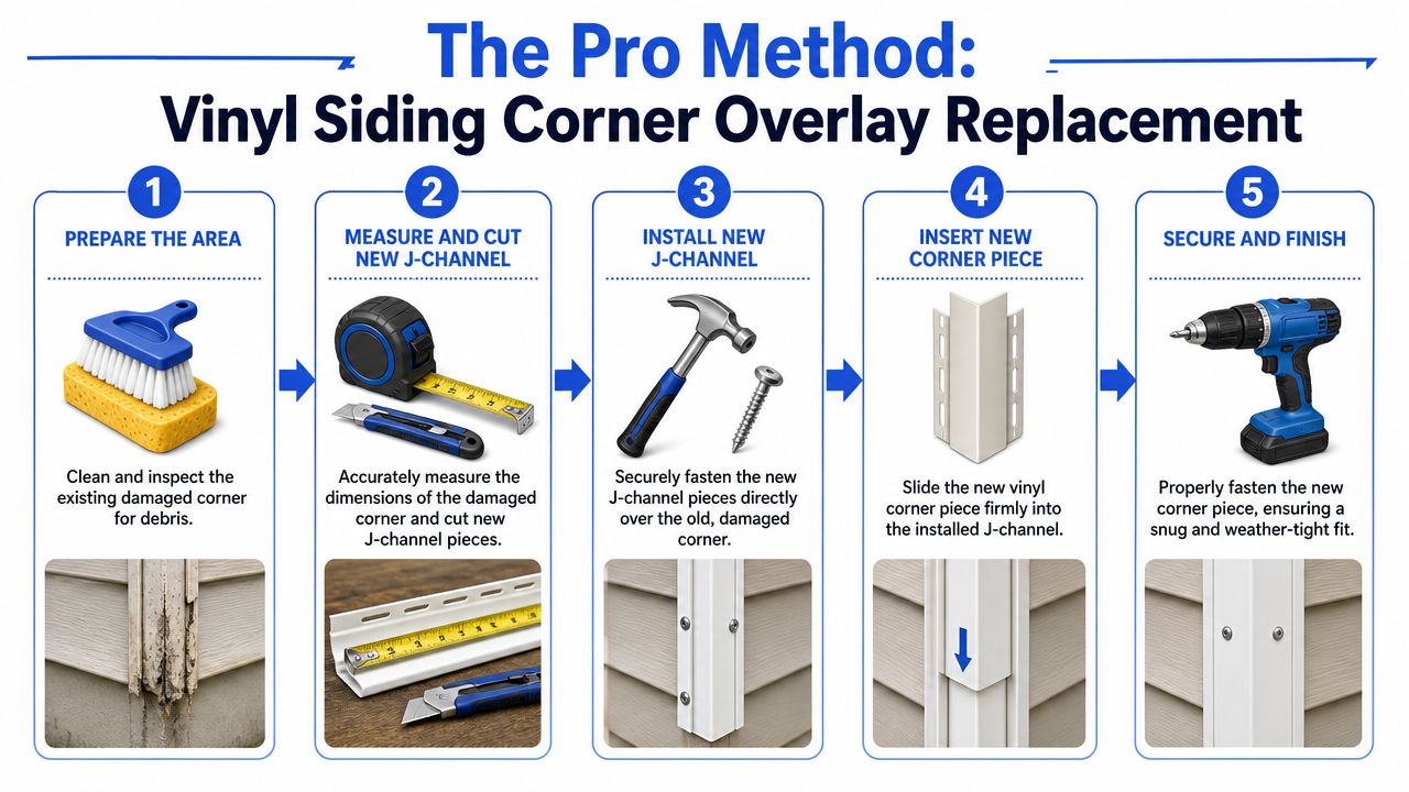 A step-by-step infographic illustrating the professional method for replacing a damaged vinyl siding corner.