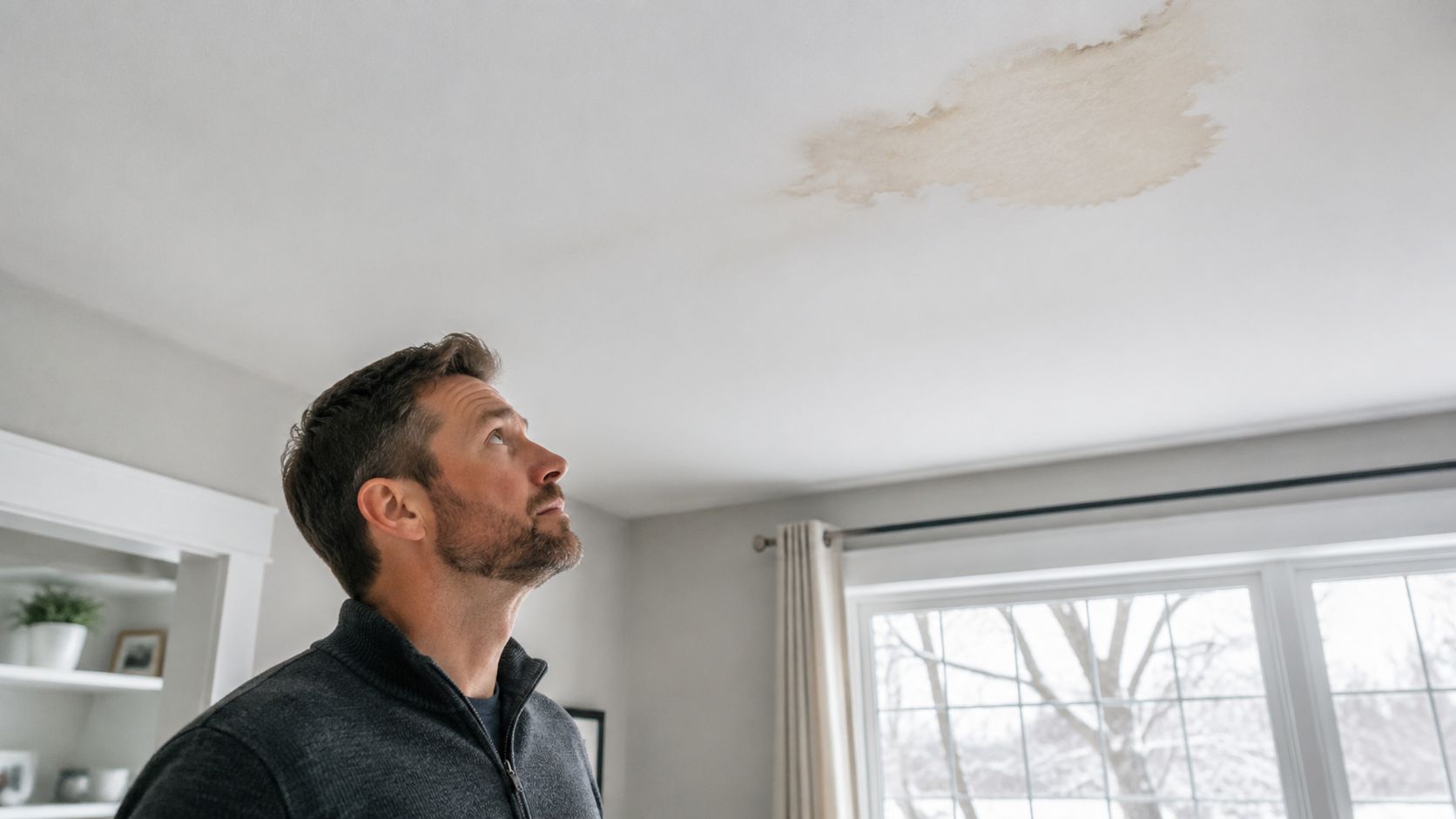 A concerned man looking up at a water-damaged stained patch on his white ceiling
