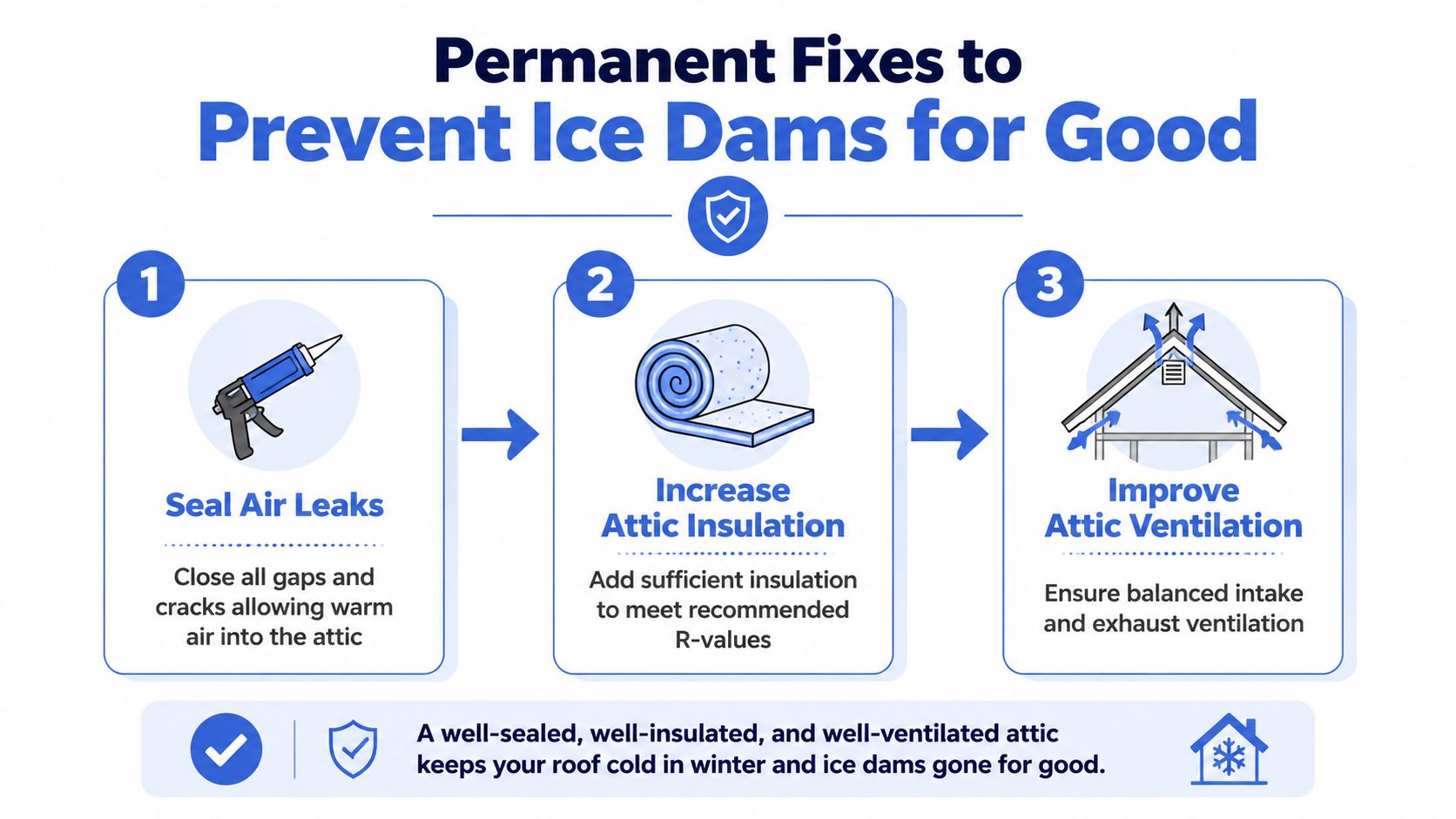 An infographic showing three steps to prevent ice dams: sealing leaks, adding insulation, and improving attic ventilation.