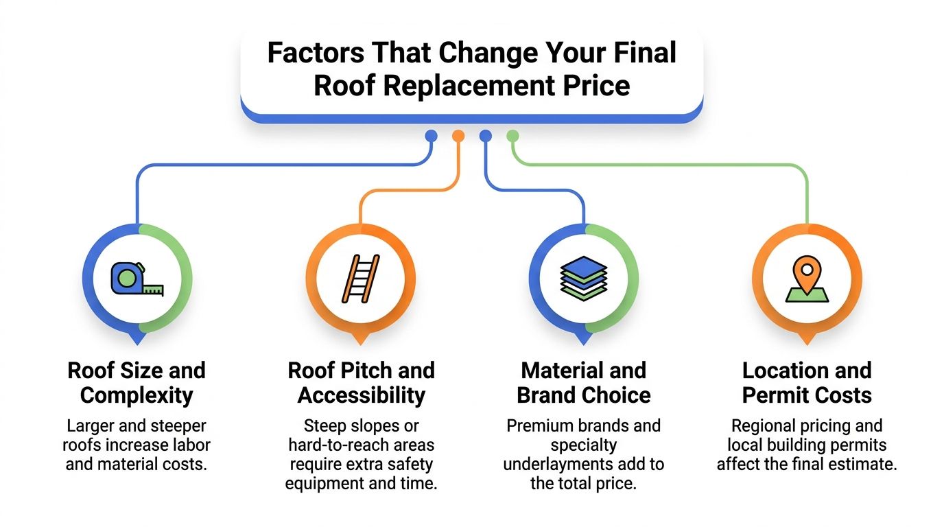 An infographic showing four key factors that influence the final cost of a roof replacement project.