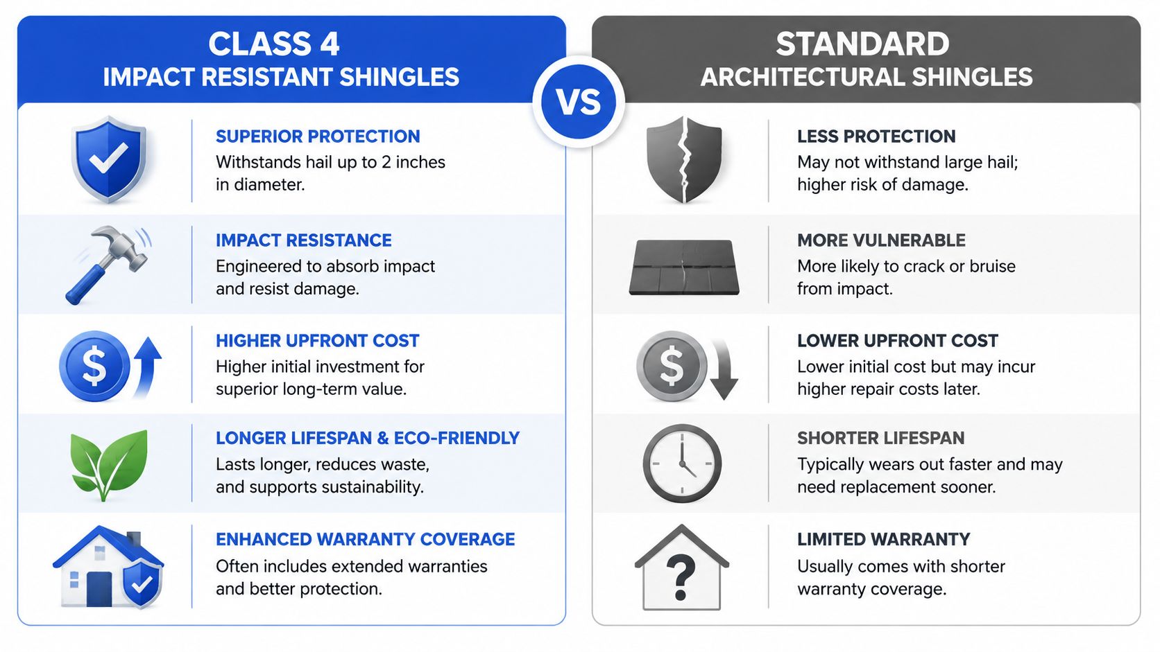 A comparison chart showing the benefits of Class 4 impact resistant shingles versus standard architectural shingles.