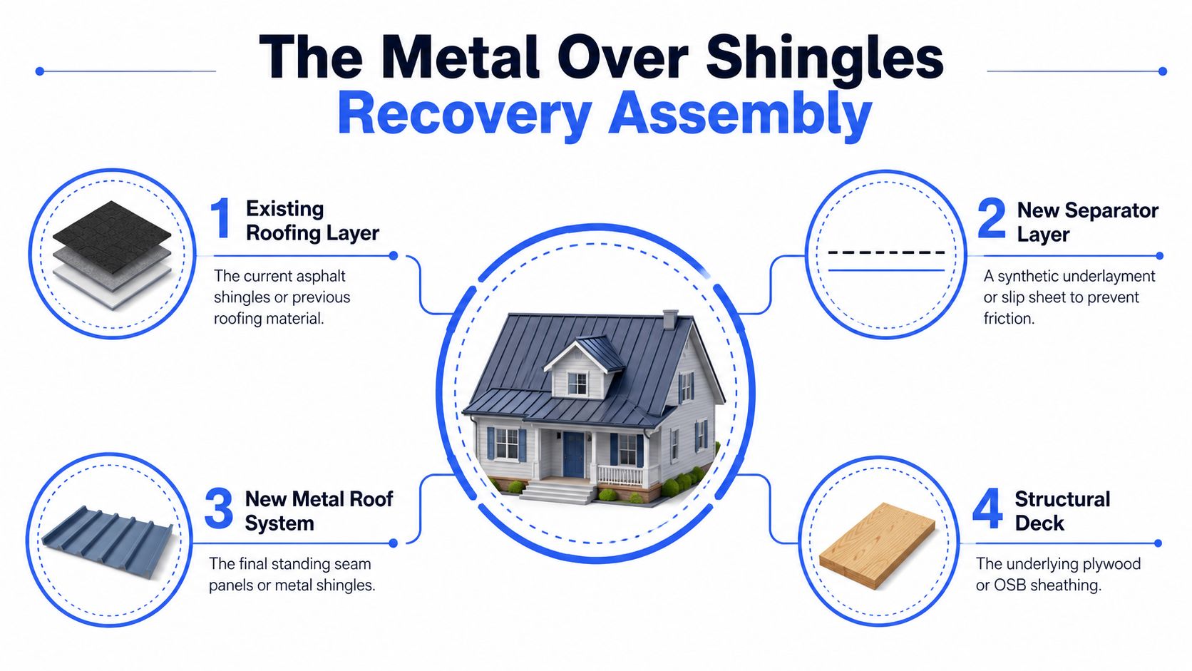 A diagram illustrating the four layers of a metal roof installed over existing shingles on a house.