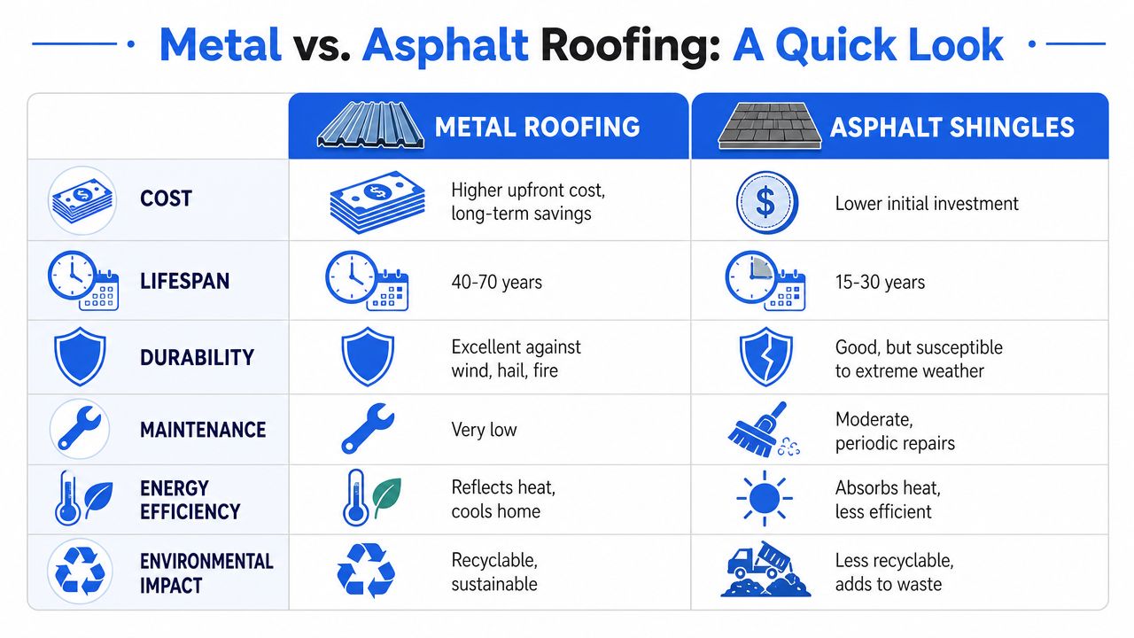 A comparison chart outlining the pros and cons of metal roofing versus asphalt shingles across six key factors.