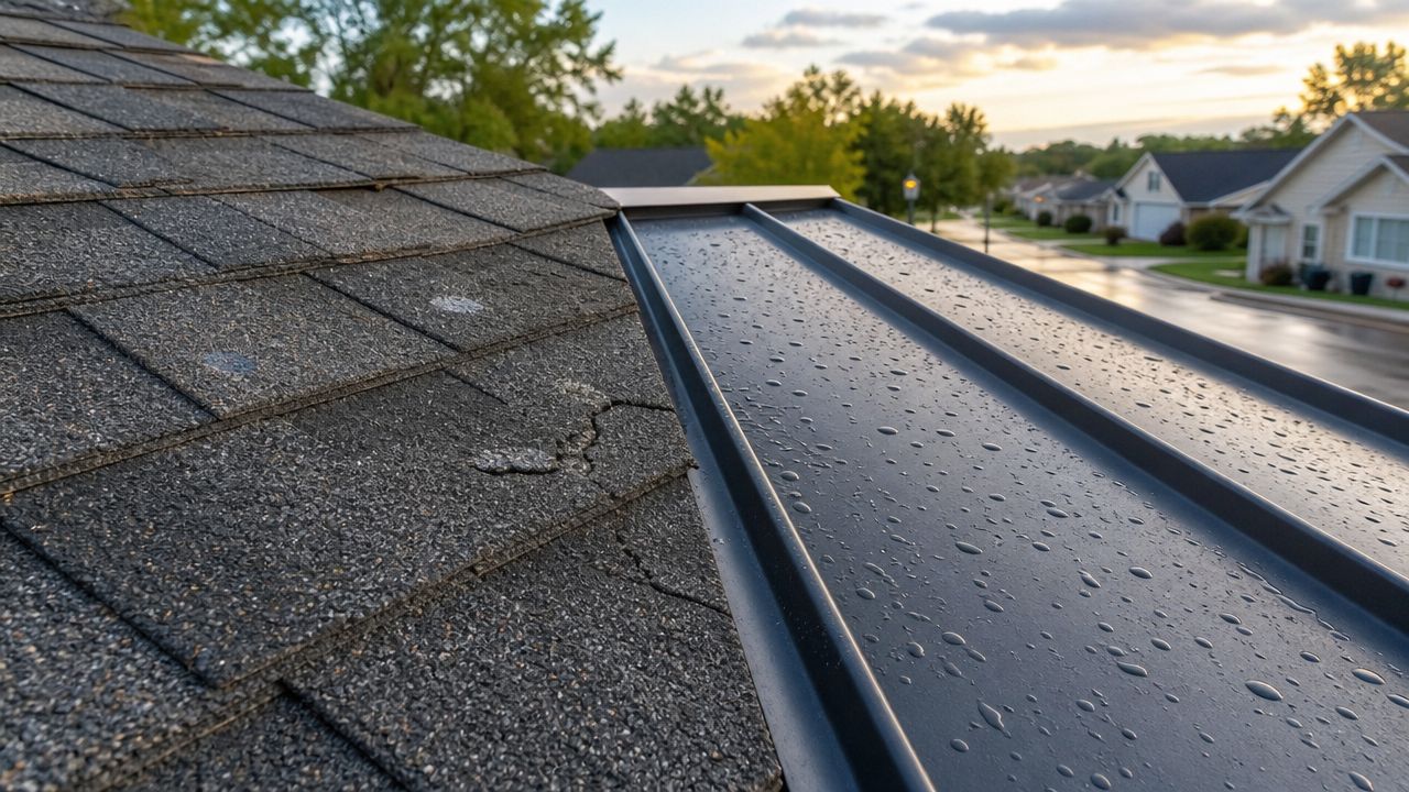 A close up view of a hybrid roof showing asphalt shingles next to a metal panel section.