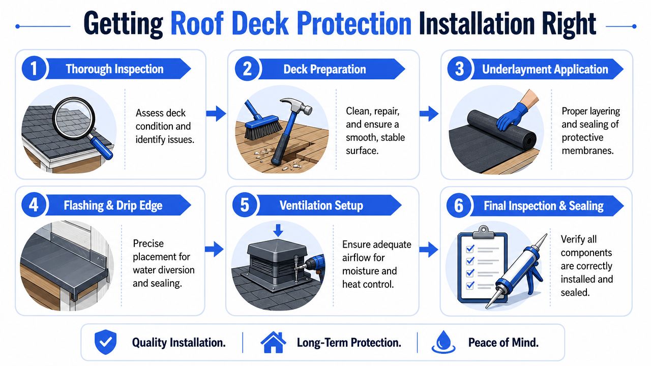 A six-step infographic illustrating the proper professional installation process for effective roof deck protection.