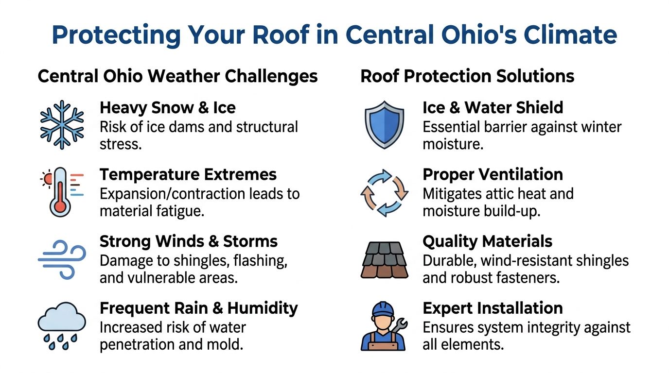 An infographic detailing common roof weather challenges in Central Ohio and their corresponding protective installation solutions.