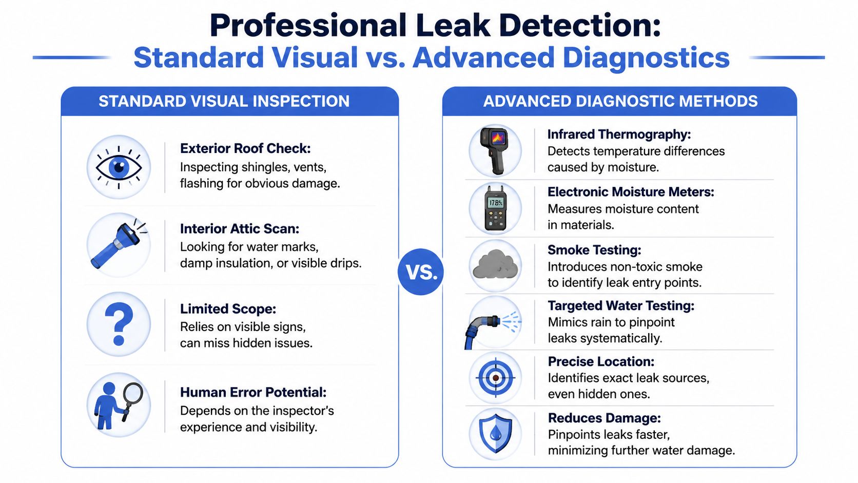 A comparison chart outlining standard visual roof inspections versus professional advanced leak detection methods for homeowners.