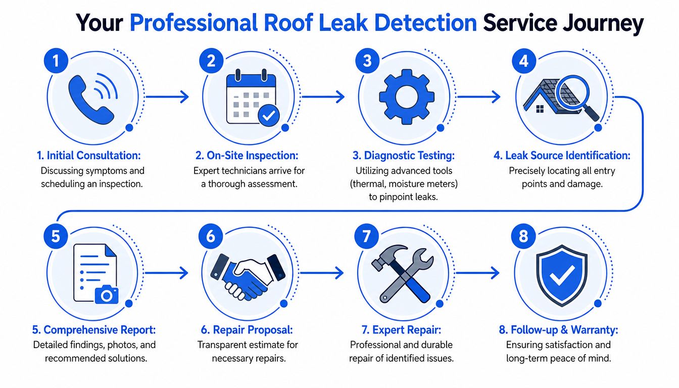 A step-by-step infographic showing the professional roof leak detection service journey from consultation to repair warranty.