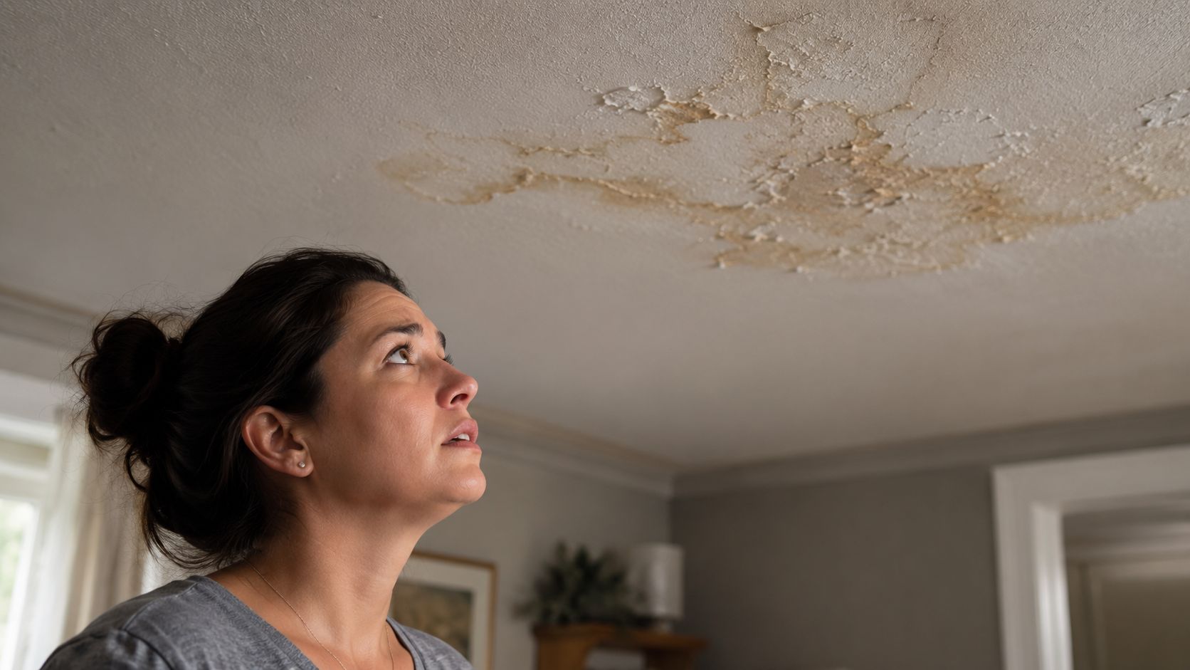 A concerned woman looks up at significant water damage and peeling paint on her interior ceiling.