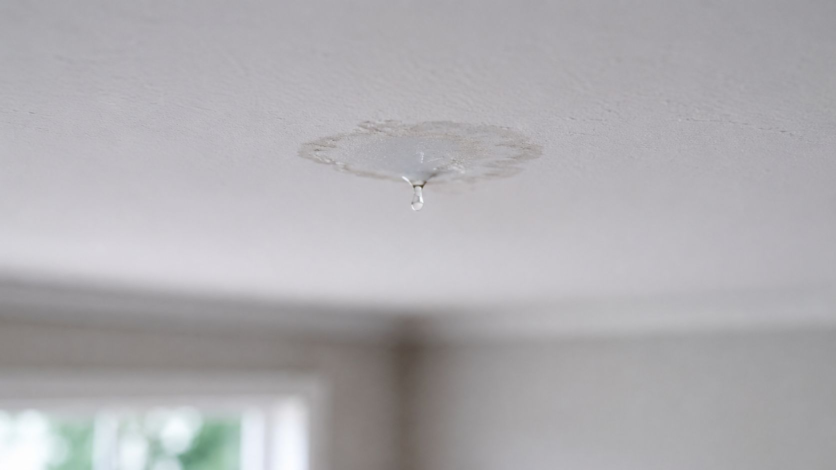 A water droplet dripping from a damaged ceiling stain indicating a potential home water leak