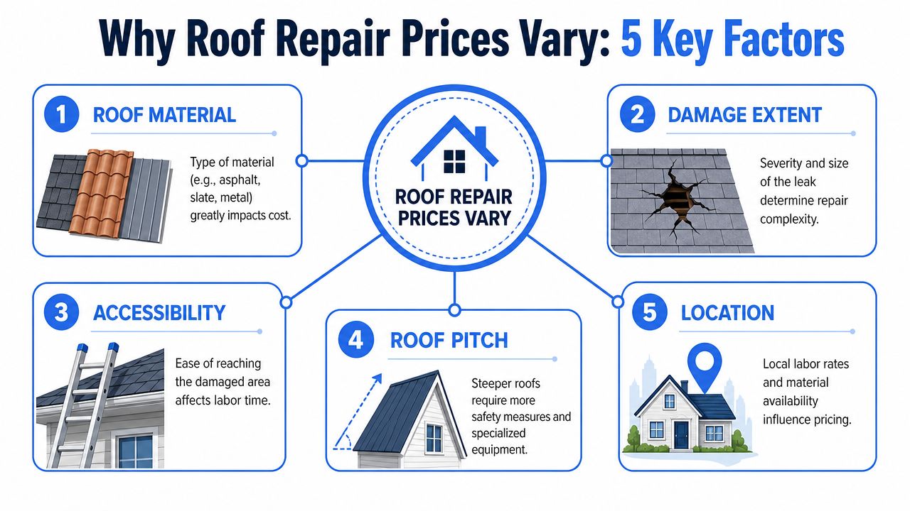 An infographic showing five key factors that influence the total cost of professional roof leak repairs.