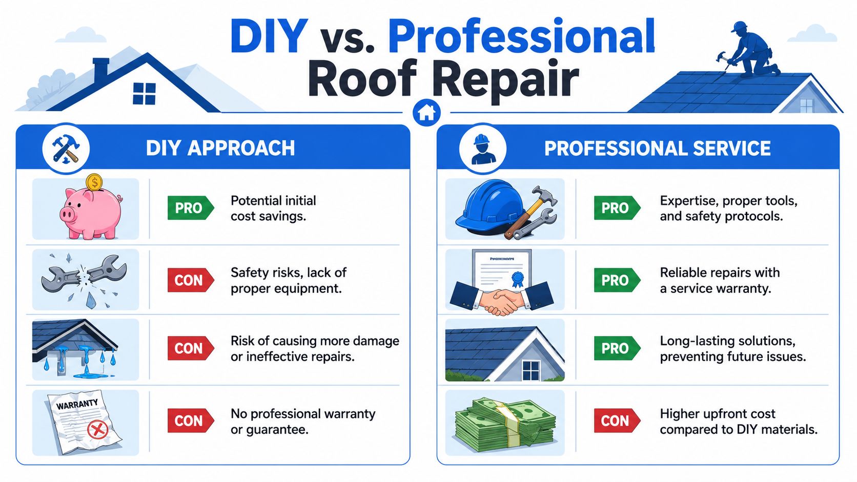 An infographic comparing the pros and cons of DIY roof repair versus hiring a professional roofing service.