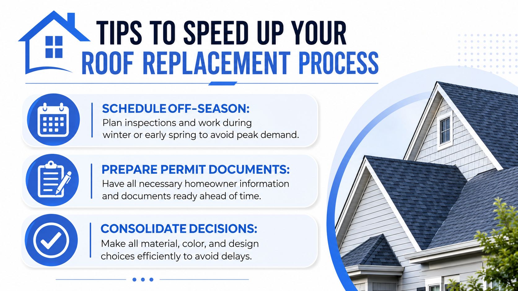 A helpful infographic outlining three professional tips to speed up the roof replacement process for homeowners.