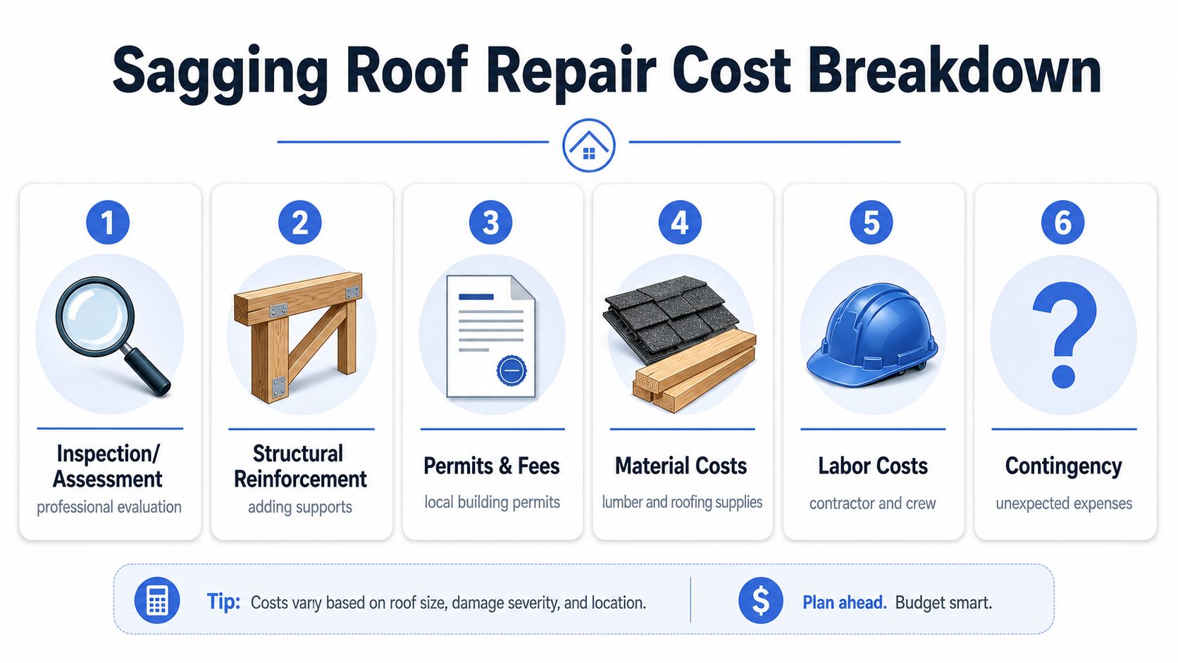 An infographic detailing the six main factors that contribute to the total cost of sagging roof repairs.