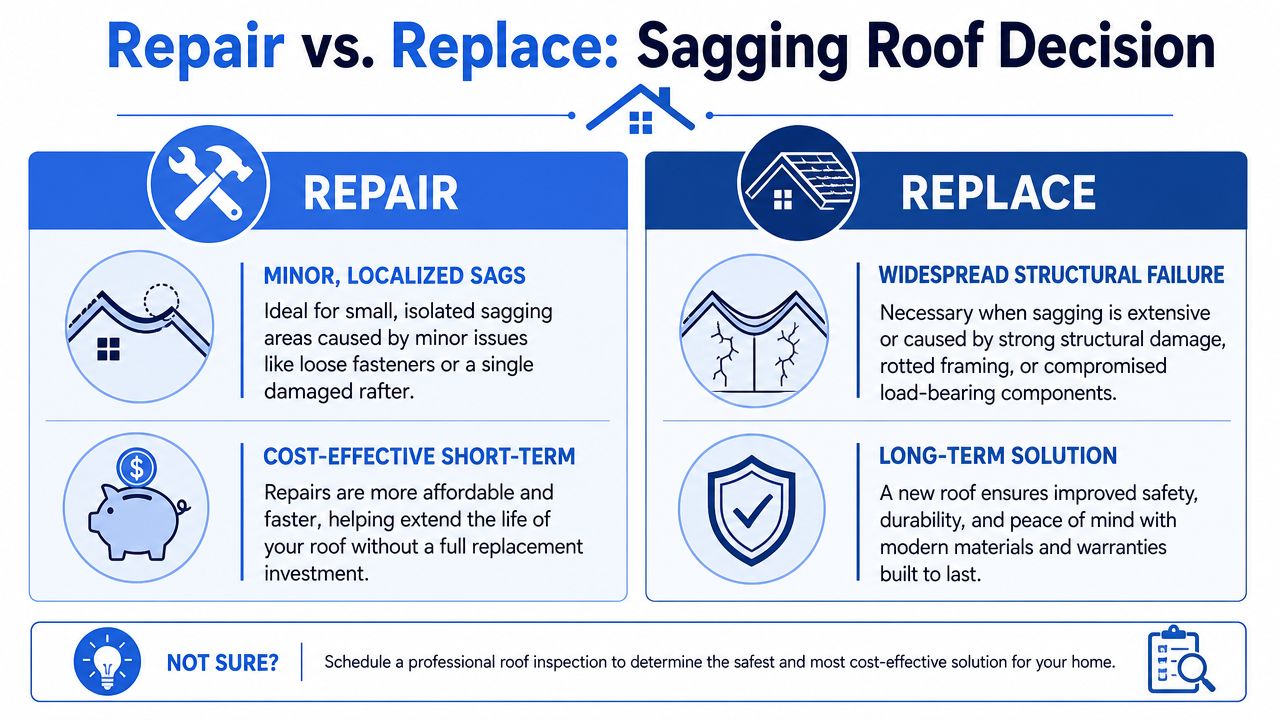 An infographic comparing the benefits of repair versus replacement options for a sagging residential roof.