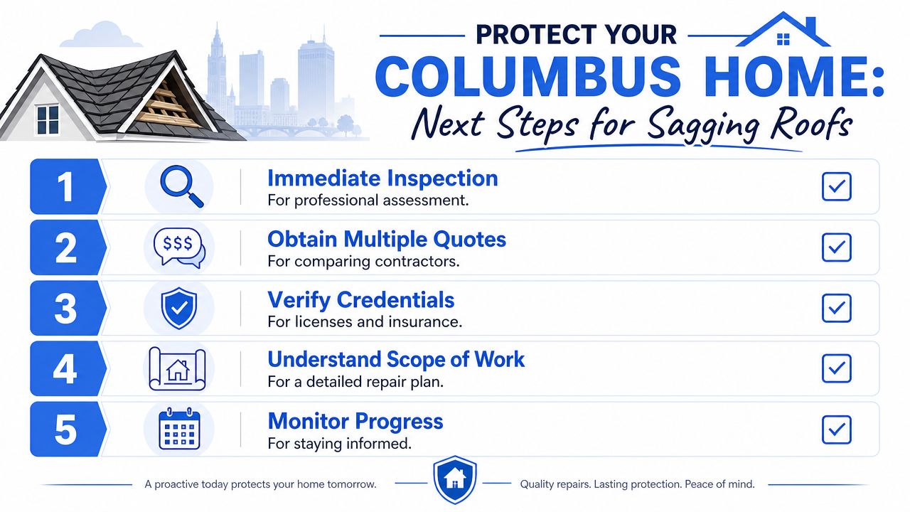 An infographic titled Protect Your Columbus Home outlining five essential steps for addressing a sagging roof issue.