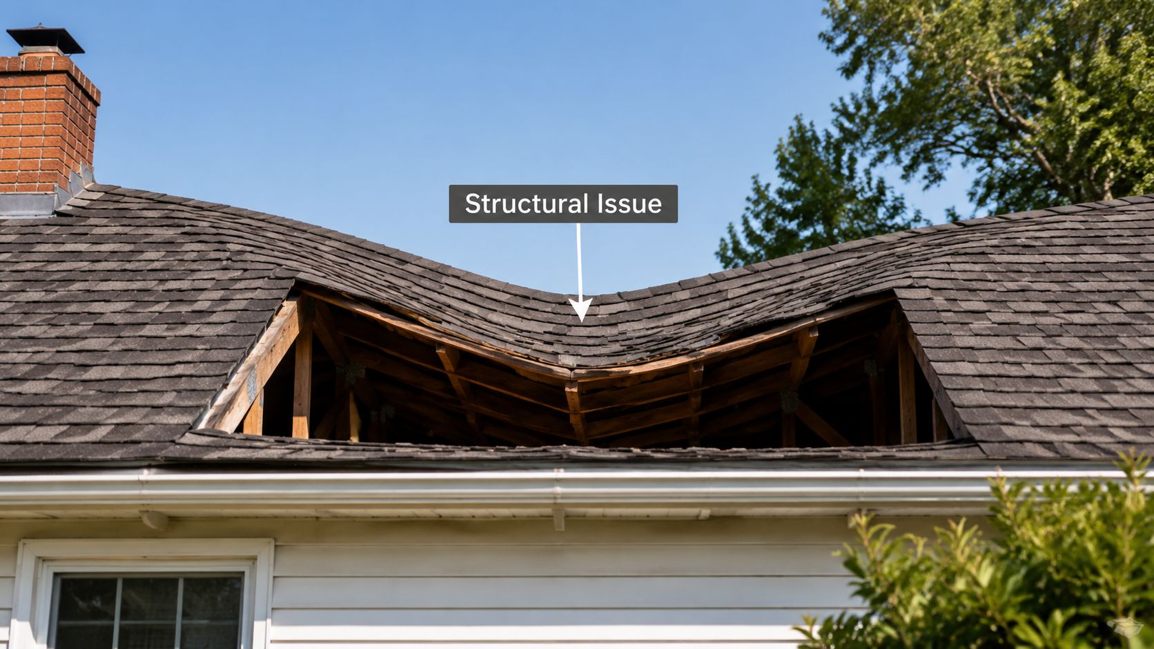 A house with a severely sagging roof section indicating a major structural integrity issue needing professional repair.