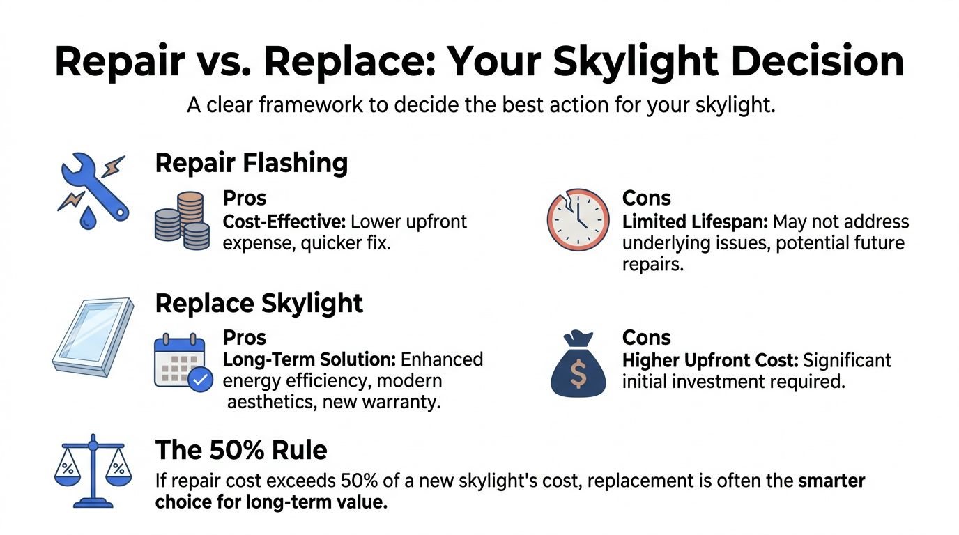 A decision guide comparing skylight flashing repair and full replacement with pros, cons, and cost considerations.