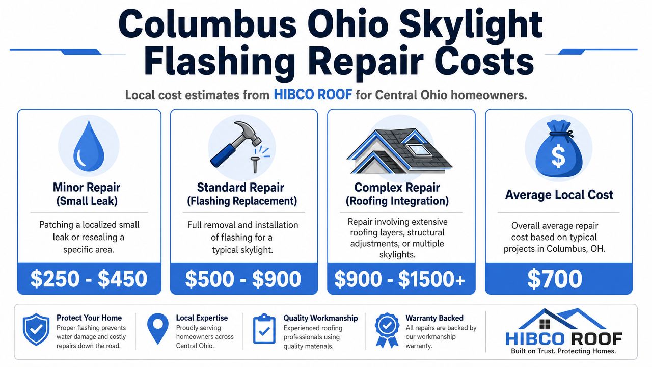 An infographic showing cost estimates for skylight flashing repair services provided by HIBCO ROOF in Columbus, Ohio.