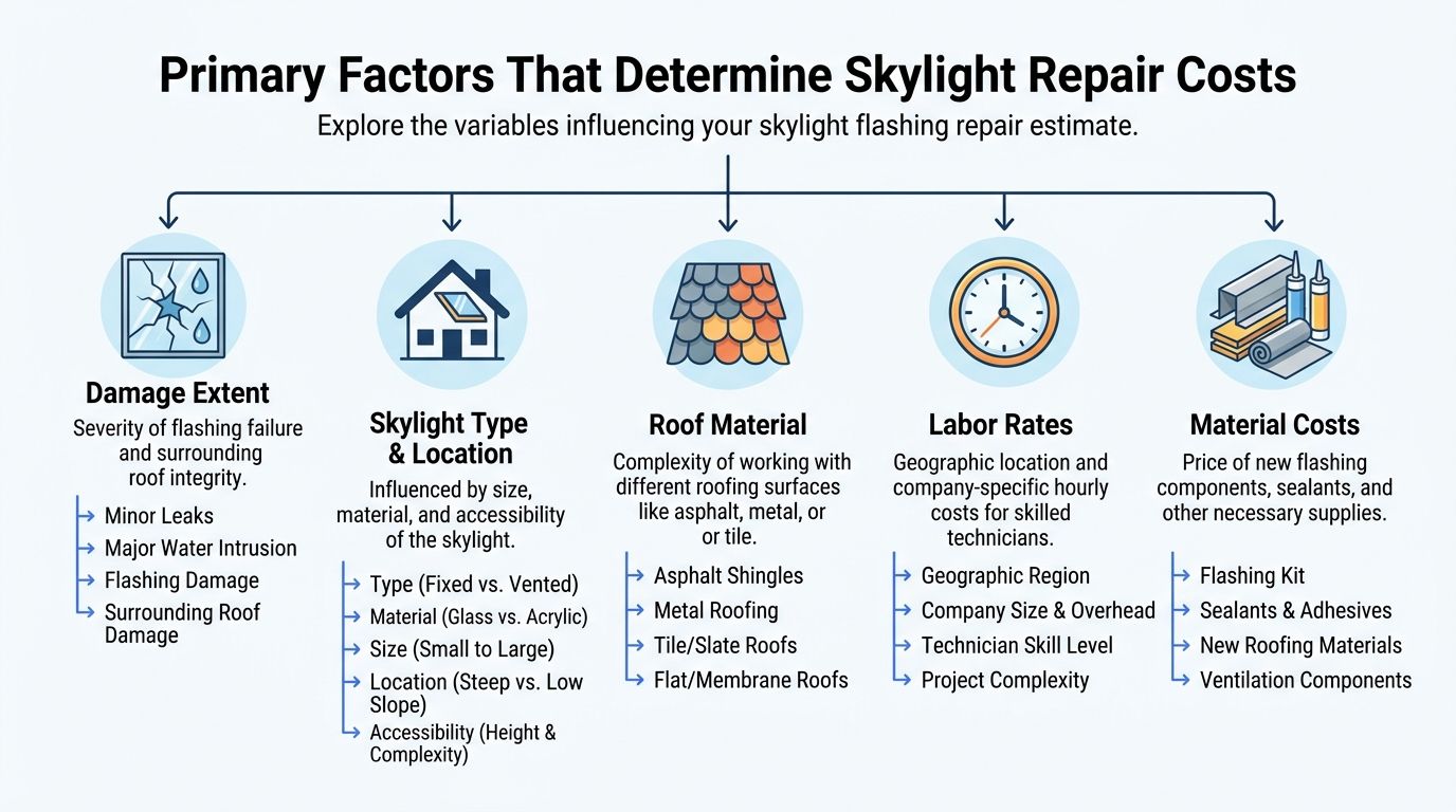 A diagram illustrating the primary factors that determine skylight flashing repair costs, including damage, material, and labor.