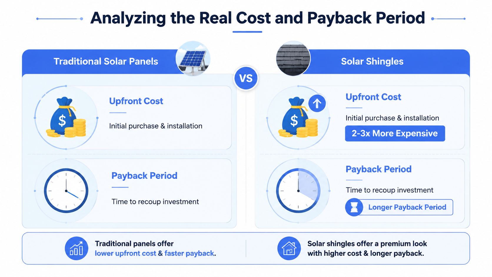 A comparison chart showing traditional solar panels have lower upfront costs and faster payback than solar shingles.