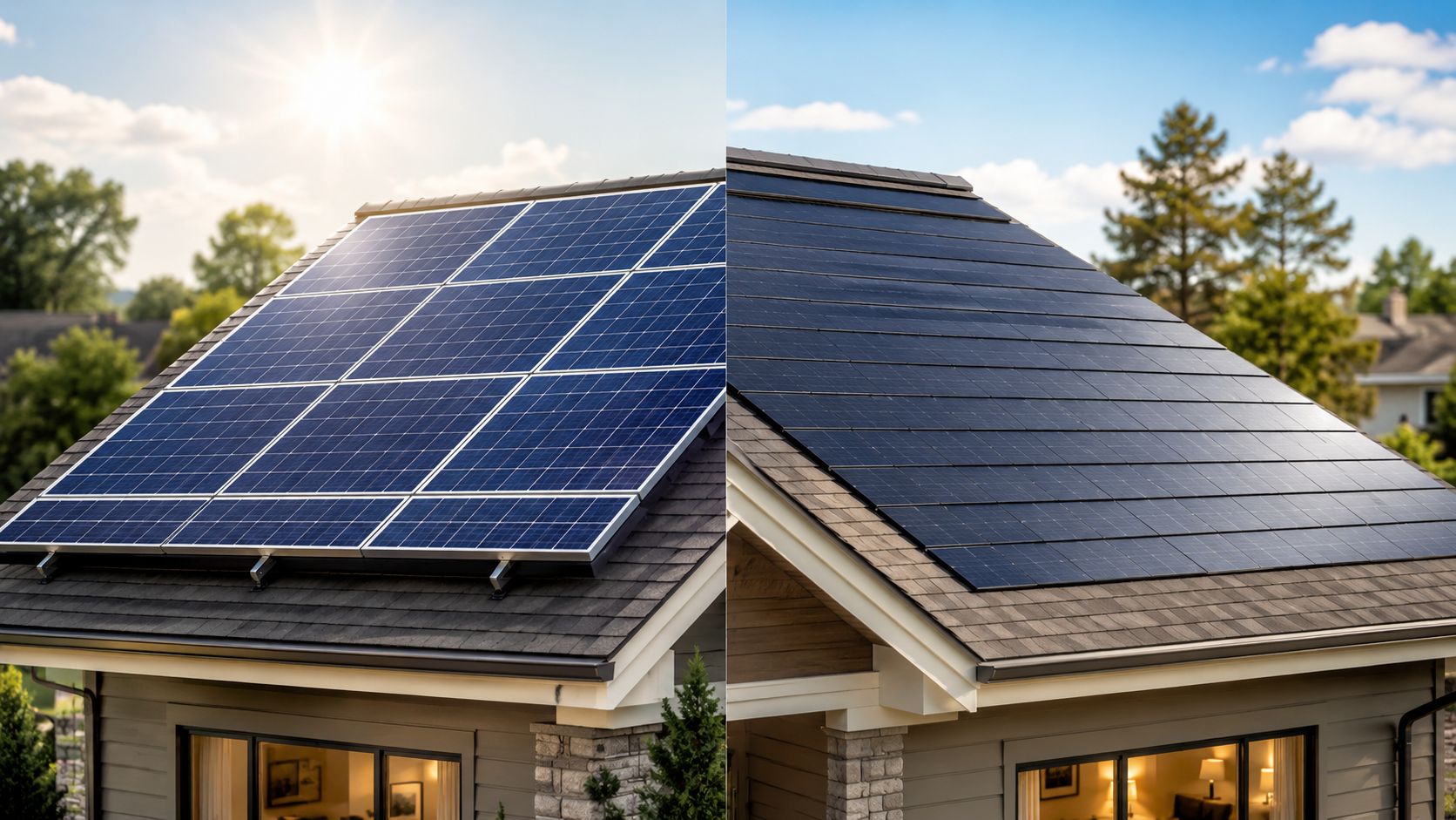 A side-by-side comparison of traditional blue solar panels and modern sleek black solar roof shingles.