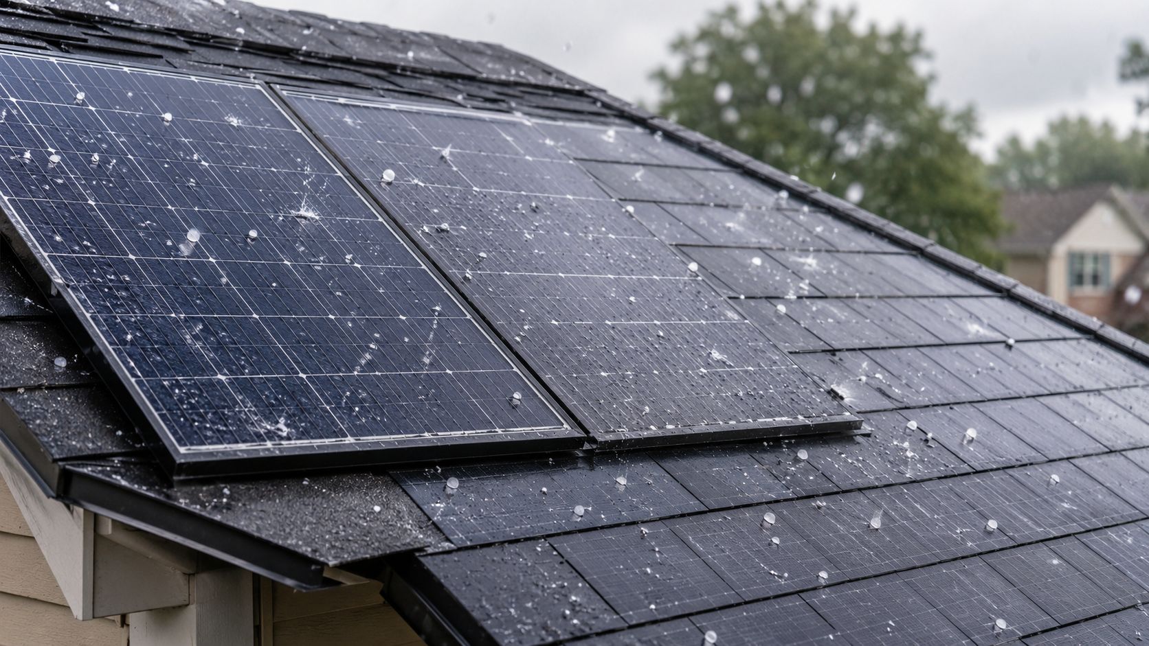 Rain and hail falling on solar panels and solar shingles installed on a residential home roof.